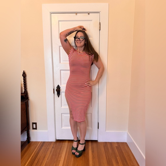 Vintage Dresses & Skirts - 90s Vintage Bisou Bisou Red & White Horizontal Stripe Body Con Dress